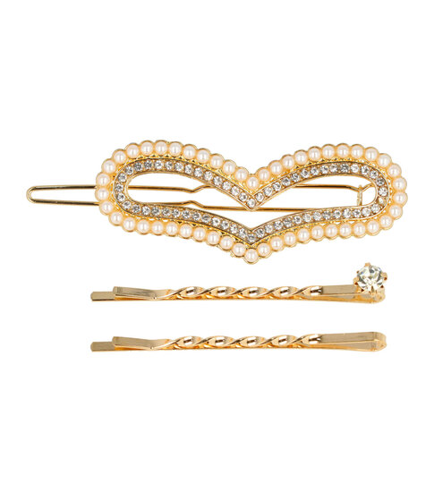 2082133932 Haarspeld haarclip - Hart parel strass steentjes 5cm - Goud wit – Set van 3