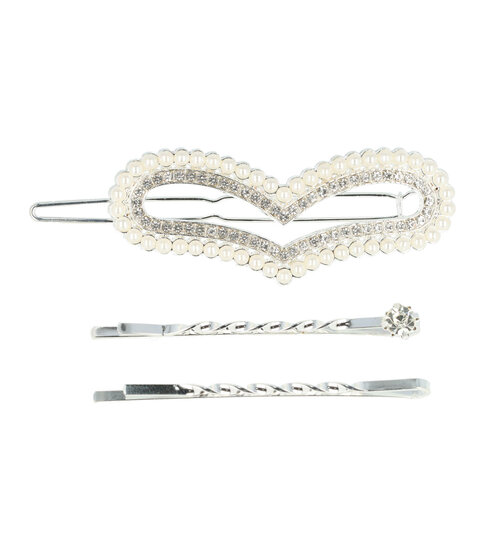 2082145509 Haarspeld haarclip - Hart parel strass steentjes 5cm - Zilver wit – Set van 3