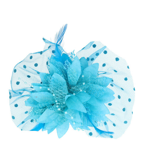 Haarspeld Duckklem 12cm – XL Bloem van Stof met Kralen & Veren – Aqua Blauw