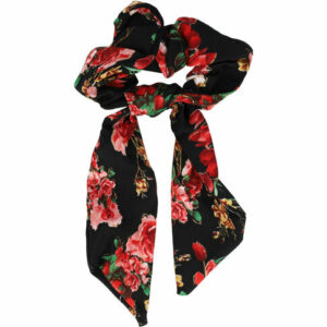 Haarelastiek Scrunchie – Glitter Roos Bloemenprint – 15cm Linten – Rood Zwart