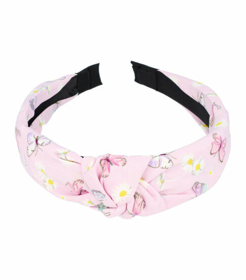 2083299570 Haarband Diadeem 3cm – Knoop – Vlinder & Bloemenprint Stof – Pastel Kleuren – Lichtroze