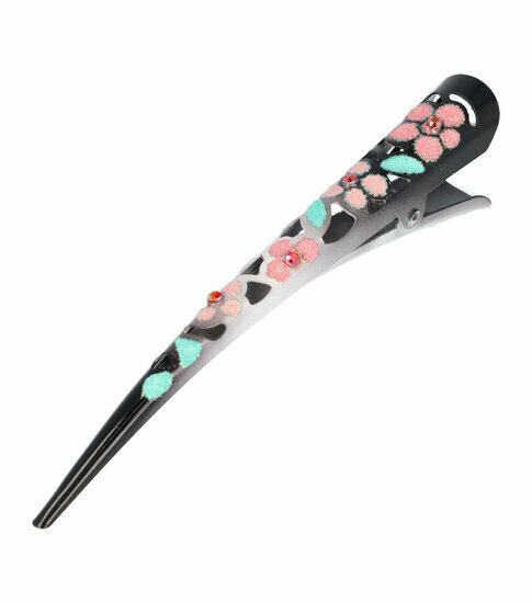 2083299600 Haarspeld Duckklem 13cm – Basic – Opengewerkt Glitter Bloemenprint – Metaal – Zwart Roze