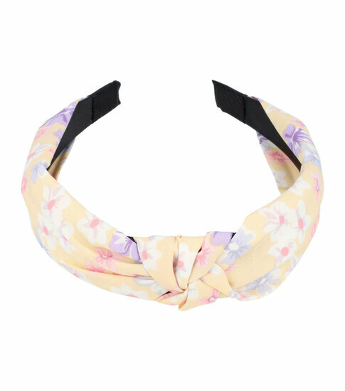 2083300764 Haarband Diadeem 3cm – Knoop & Bloemenprint Stof – Pastel Kleuren – Geel