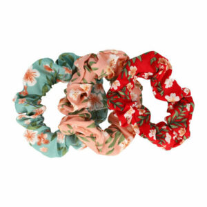 Haarelastiek Scrunchie – Bloemenprint – Gladde Stof – Roze Blauw Rood – Set van 3