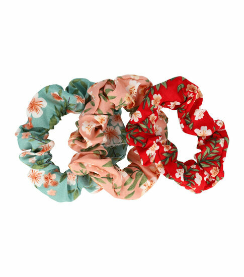 2083336320 Haarelastiek Scrunchie β Bloemenprint β Gladde Stof β Roze Blauw Rood β Set van 3