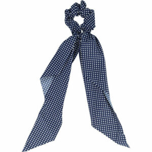 Haarelastiek Scrunchie – Stippenprint – 30cm Linten – Gladde Stof – Wit Donkerblauw