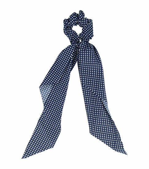 2083336668 Haarelastiek Scrunchie – Stippenprint – 30cm Linten – Gladde Stof – Wit Donkerblauw