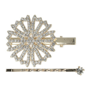 Haarspeld Duckklem & Schuifspeldje 5cm – Bloemvorm met Glitter Steentjes – Zilver – Set van 2