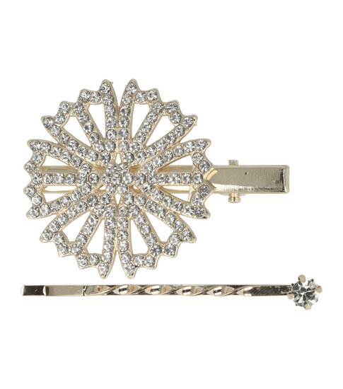 2087673969 Haarspeld Duckklem & Schuifspeldje 5cm – Bloemvorm met Glitter Steentjes – Zilver – Set van 2