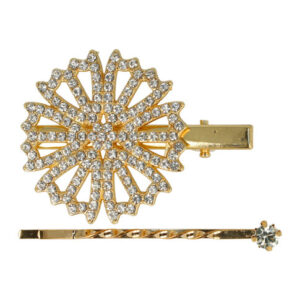 Haarspeld Duckklem & Schuifspeldje 5cm – Bloemvorm met Glitter Steentjes – Goud – Set van 2