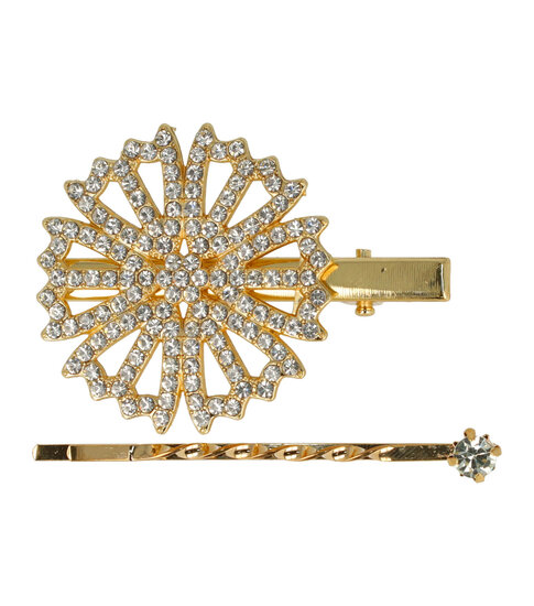 2087673981 Haarspeld Duckklem & Schuifspeldje 5cm – Bloemvorm met Glitter Steentjes – Goud – Set van 2