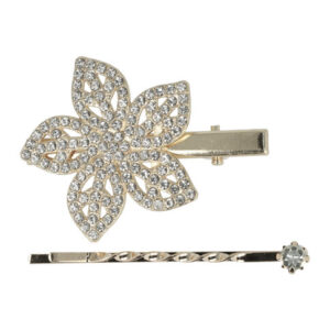 Haarspeld Duckklem & Schuifspeldje 5cm – Bloemvorm met Strass Steentjes – Zilver – Set van 2