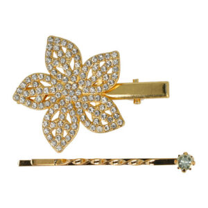 Haarspeld Duckklem & Schuifspeldje 5cm – Bloemvorm met Strass Steentjes – Goud – Set van 2