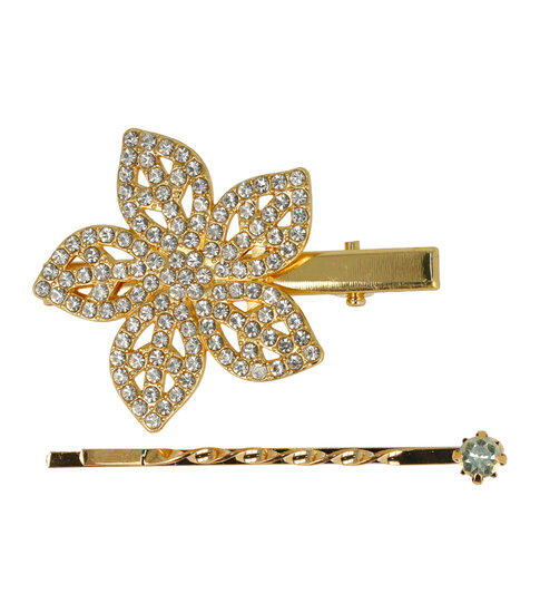 2087713284 Haarspeld Duckklem & Schuifspeldje 5cm – Bloemvorm met Strass Steentjes – Goud – Set van 2