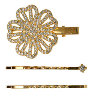 Haarspeld Duckklem & Schuifspeldje 5cm – Bloemvorm met Steentjes – Goud – Set van 2