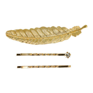 Haarspeld Duckklem & Schuifspeldjes 8cm – Veervorm en Steentje – Goud – Set van 3