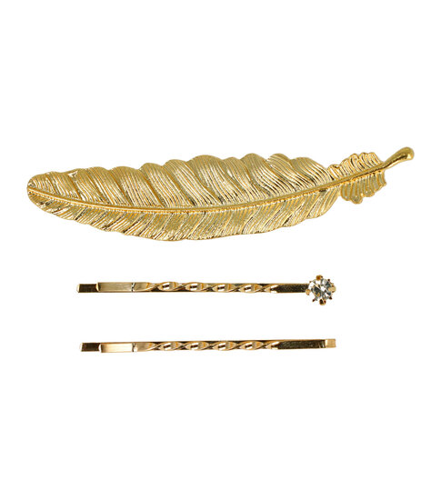 2087713338 Haarspeld Duckklem & Schuifspeldjes 8cm – Veervorm en Steentje – Goud – Set van 3