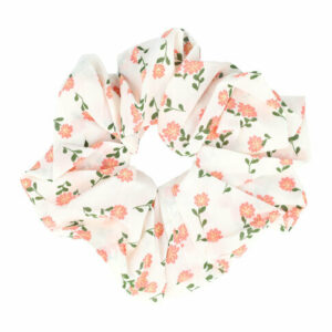Haarelastiek Scrunchie – XL Bloemenprint – Gladde Stof – Wit Roze