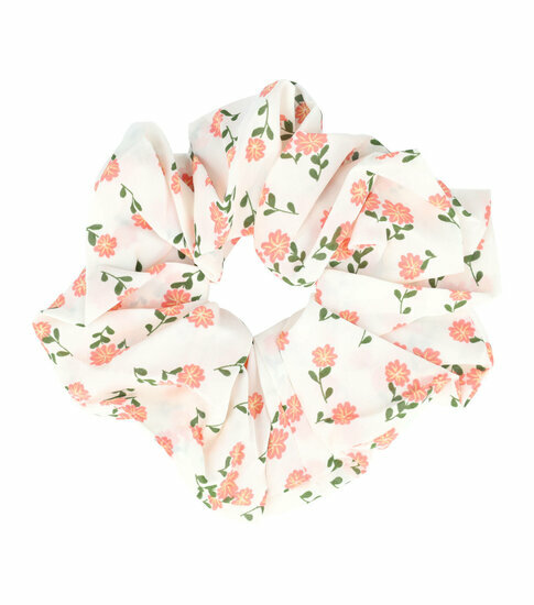 2087804193 Haarelastiek Scrunchie – XL Bloemenprint – Gladde Stof – Wit Roze