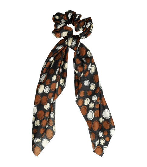 2090928303 Haarelastiek Scrunchie – Cirkelprint – 25cm Linten – Gladde Stof – Zwart Bruin