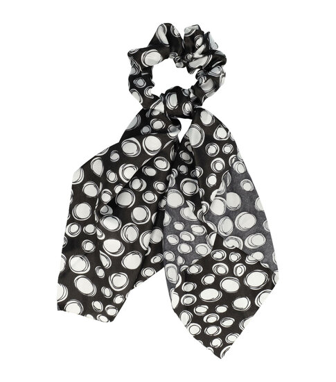 2090928321 Haarelastiek Scrunchie – Cirkelprint – 25cm Linten – Gladde Stof – Wit Zwart