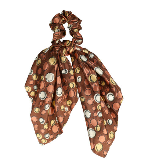 2090932581 Haarelastiek Scrunchie – Cirkelprint – 25cm Linten – Gladde Stof – Beige Bruin