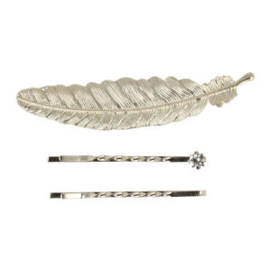 Haarspeld Duckklem & Schuifspeldjes 8cm – Veervorm en Steentje – Zilver – Set van 3