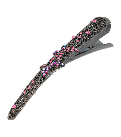 2092384260 Haarspeld Duckklem 13cm – Vlindervorm Opengewerkt met Steentjes – Zwart Roze