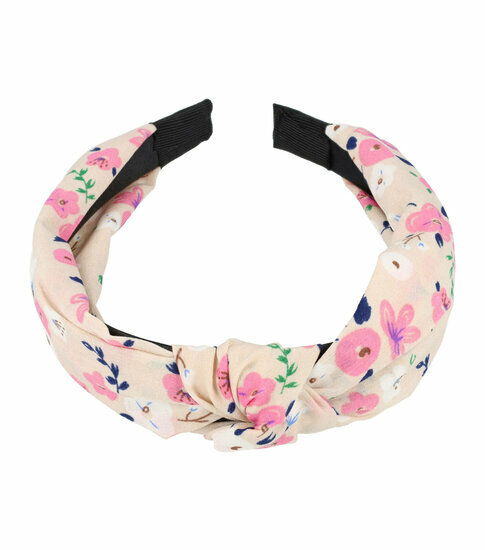 2092835637 Haarband Diadeem 3cm – Knoop & Bloemenprint Stof – Beige