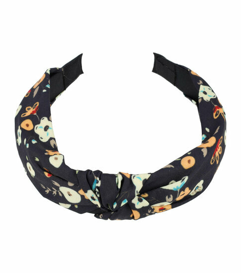 2092835682 Haarband Diadeem 3cm – Knoop & Bloemenprint Stof – Donkerblauw