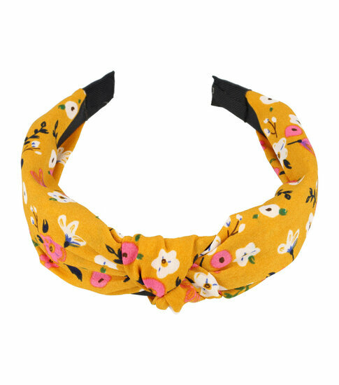 2093636505 Haarband Diadeem 3cm – Knoop & Bloemenprint Stof – Geel