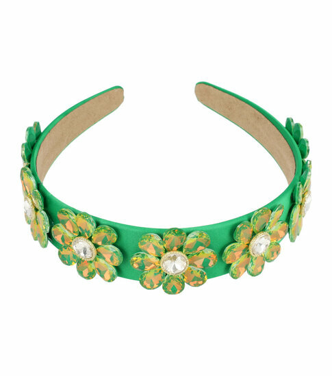 2093653170 Haarband Diadeem 4cm – Bloemvorm met Facetstenen – Gladde Stof – Groen