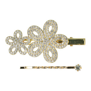 Haarspeld Duckklem & Schuifspeldje 7cm – Bloemenvorm met Steentjes – Goud – Set van 2