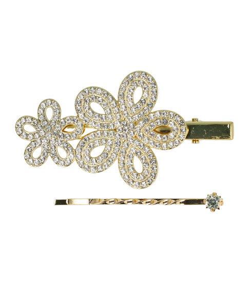 2097134190 Haarspeld Duckklem & Schuifspeldje 7cm – Bloemenvorm met Steentjes – Goud – Set van 2