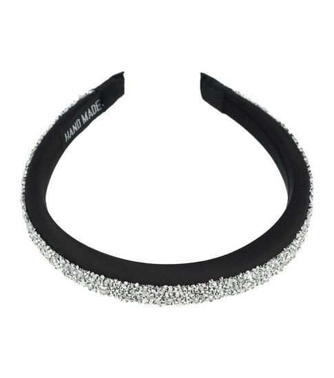 2100079914 Haarband Diadeem 3cm – Zacht Gevuld – Glitter Steentjes – Handmade – Zwart Zilver