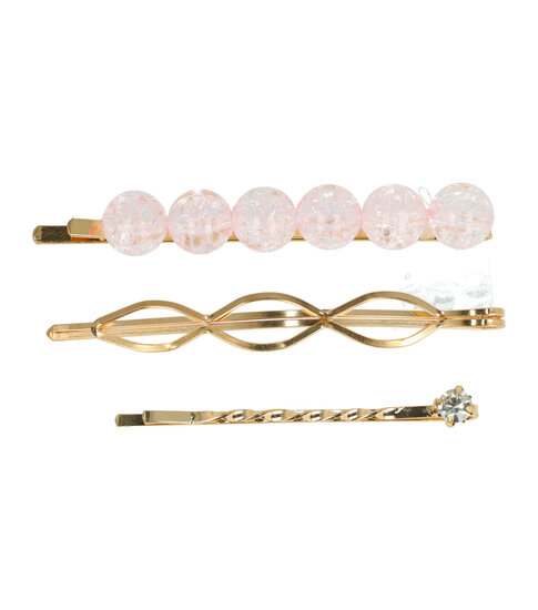 2100554019 Haarspeld schuifspeldjes - Wave strass Kralen 7cm - Lichtroze goud - Set van 3