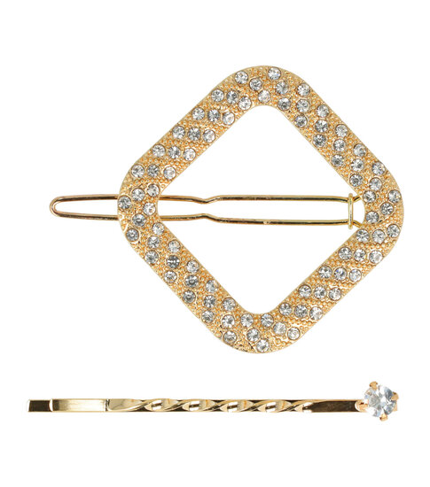 2101945500 Haarspeld haarclip - Vierkant strass steentjes 4,5cm - Goud – Set van 2