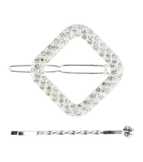2101950165 Haarspeld haarclip - Vierkant strass steentjes 4,5cm - Zilver – Set van 2