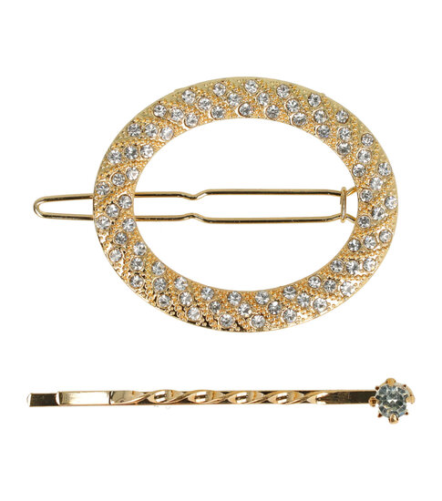 2101952982 Haarspeld haarclip - Ovaal strass steentjes 4,5cm - Goud – Set van 2