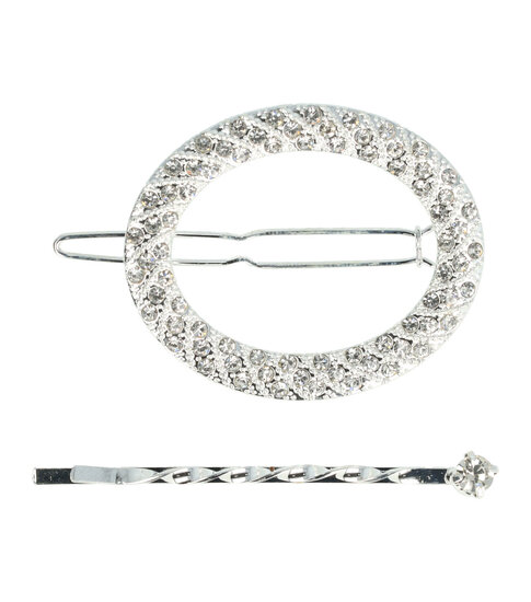 2101953009 Haarspeld haarclip - Ovaal strass steentjes 4,5cm - Zilver – Set van 2