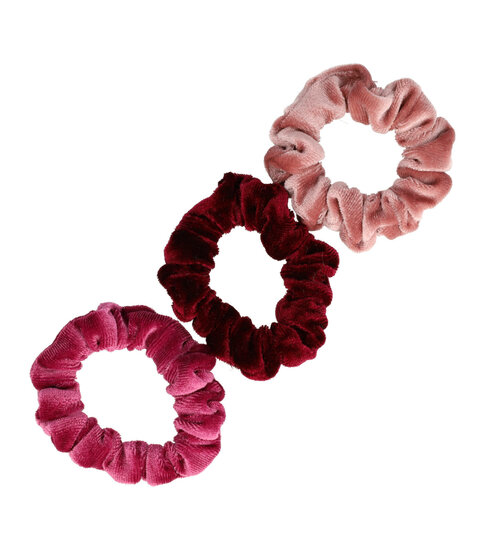 2104629996 Haarelastiek Scrunchie – Basic Smal – Velvet Stof – Roze Rood – Set van 3