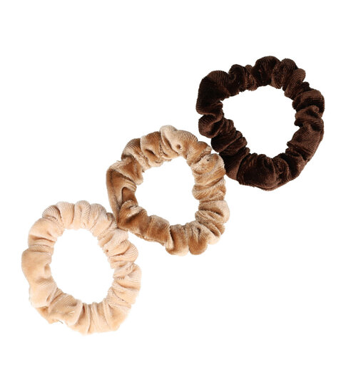 Haarelastiek Scrunchie – Basic Smal – Velvet Stof – Bruin Beige – Set van 3
