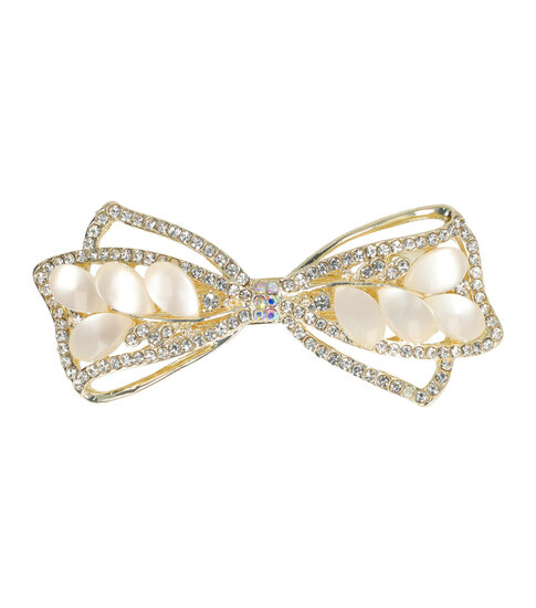 2104694238 Haarspeld Patentspeld Strik 7cm – Metaal – Platte Parelstenen & Strass Stenen – Goud/Crème