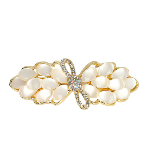 2104743519 Haarspeld Patentspeld Strik 7cm – Metaal – Platte Parelstenen & Strass Stenen – Goud/Crème