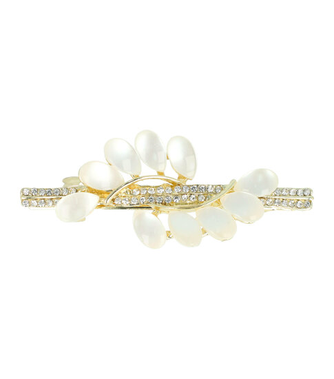 2105422194 Haarspeld Patentspeld Blad 6,5cm – Metaal – Platte Parelstenen & Strass Stenen – Goud/Crème