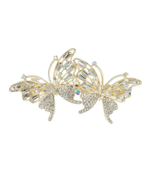 2106713436 Haarspeld Patentspeld Vlindervorm 9cm – Strass Steentjes – Goud/Zilver