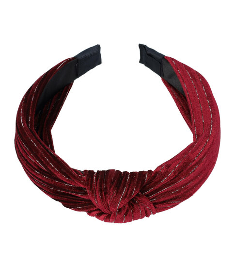 2107033524 Haarband Diadeem 3cm – Knoop – Velvet Stof & Glitter Zilverdraad – Donkerrood
