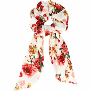 Haarelastiek Scrunchie – Glitter Roos Bloemenprint – 15cm Linten – Rood Wit