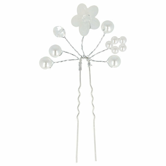 2110564203 Haarspeld Haarpin - Bloem parel kralen - Wit zilver