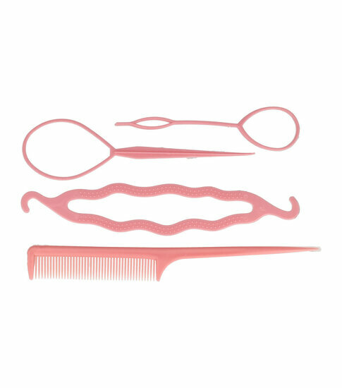 2110566735 Styling Tool Set – Kunststof – Topsy Tails, Knotrolband, Puntkam – Roze – Set van 4